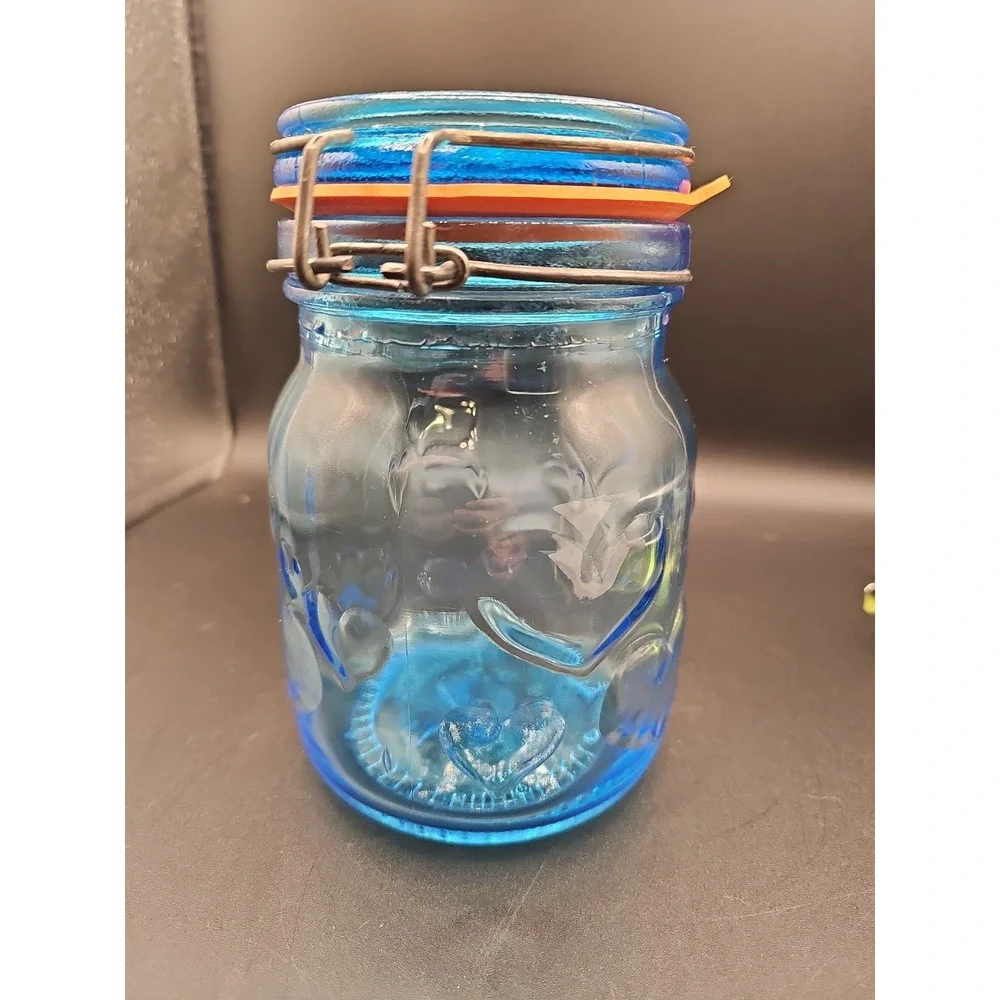Vintage Blue Glass Storage Jar Hearts Crownford Giftware Corp  7 Tall